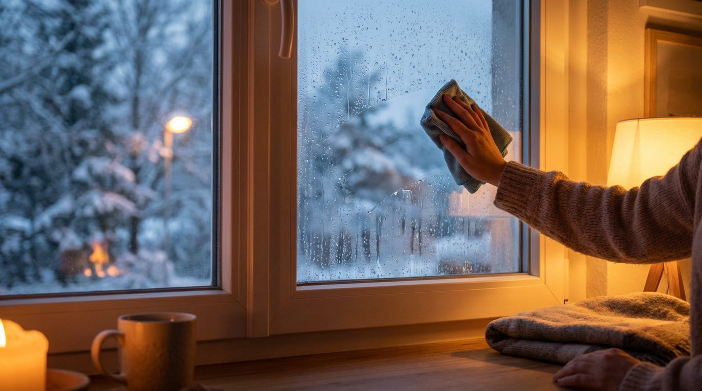 A hand wipes condensation from a window, revealing a blurry snowy winter landscape. Warm interior lighting contrasts with the cold outside.