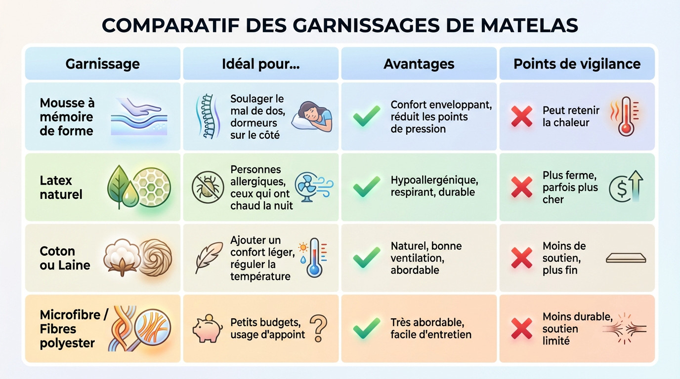 Tableau comparatif des différents garnissages de surmatelas : mousse, latex et naturel
