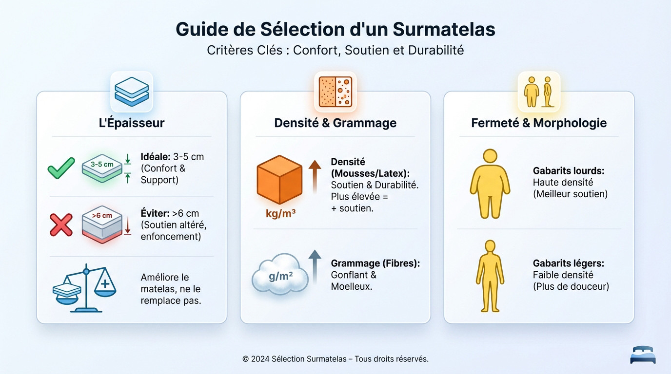 Schéma explicatif pour sélectionner la bonne densité et épaisseur de surmatelas