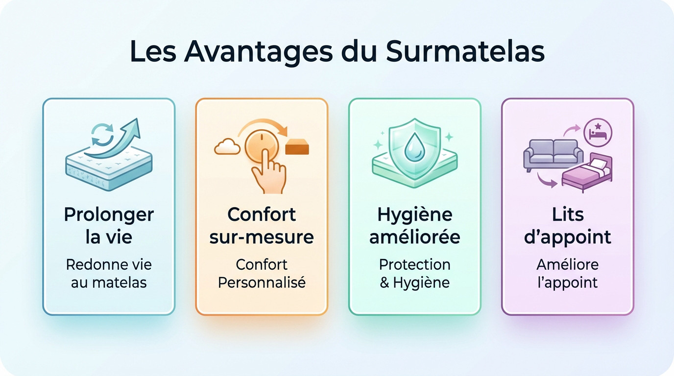 Schéma illustrant les avantages d'un surmatelas pour le confort et la protection du lit