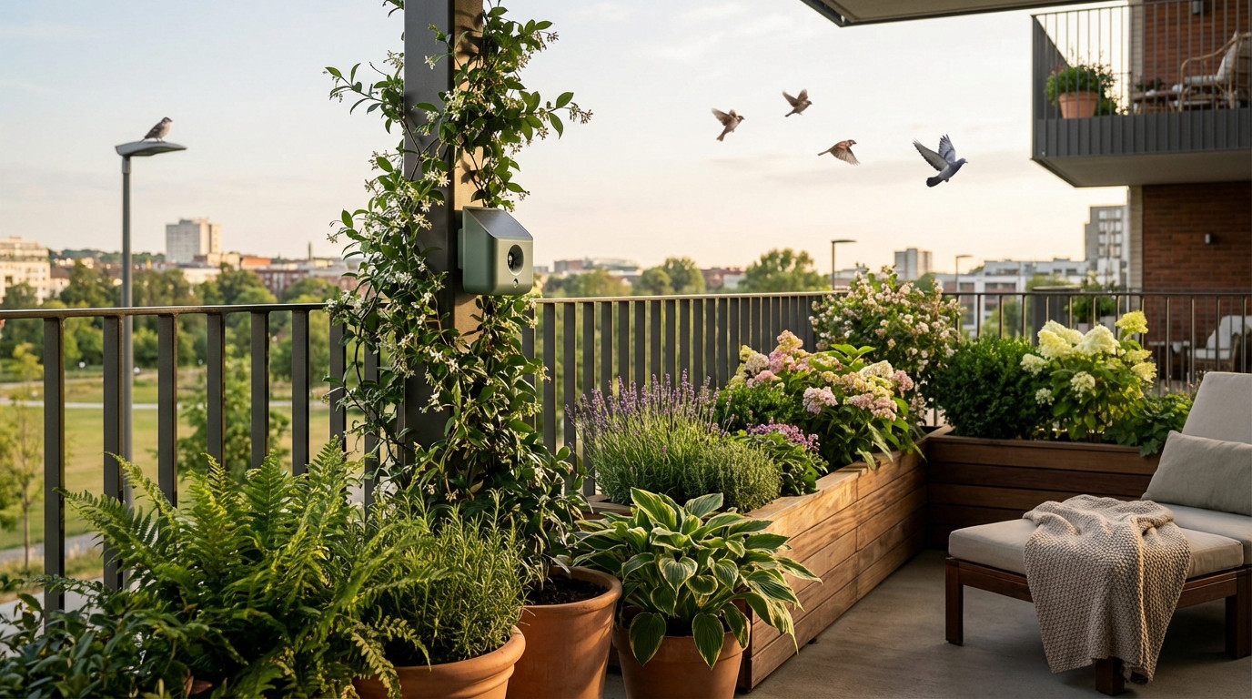 Vue d'un balcon urbain fleuri avec un répulsif ultrasons pour oiseaux, plusieurs oiseaux s'éloignant et un décor végétal.