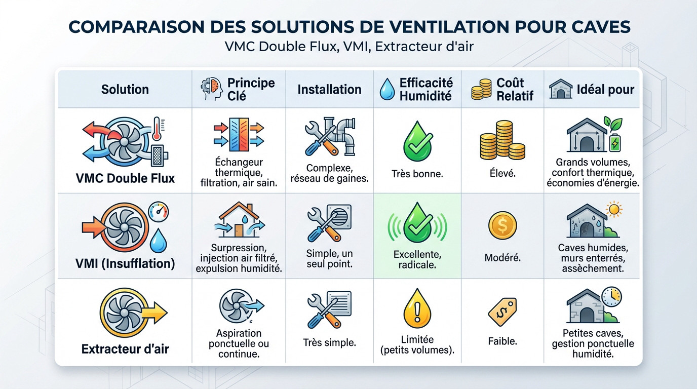 Comparaison des systèmes de ventilation VMC double flux, VMI et extracteur pour cave