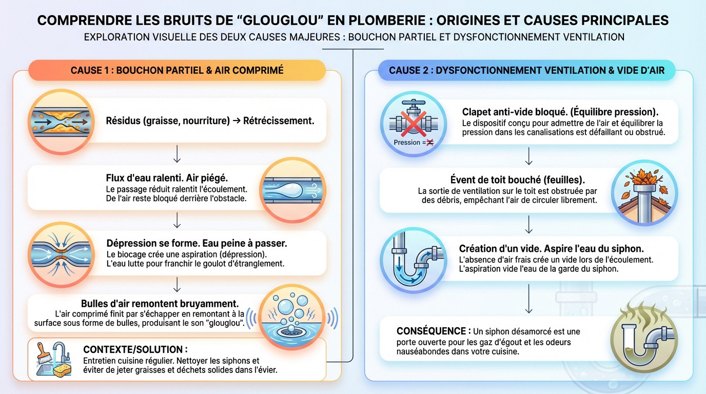 Schéma technique illustrant le mécanisme de dépression d'air et de bouchon dans un siphon d'évier