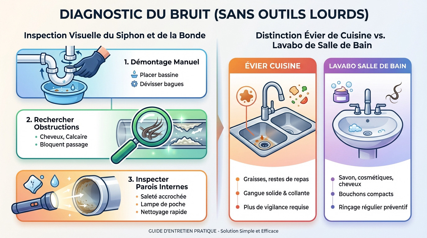Inspection visuelle d'un siphon d'évier démonté pour identifier la cause du glouglou