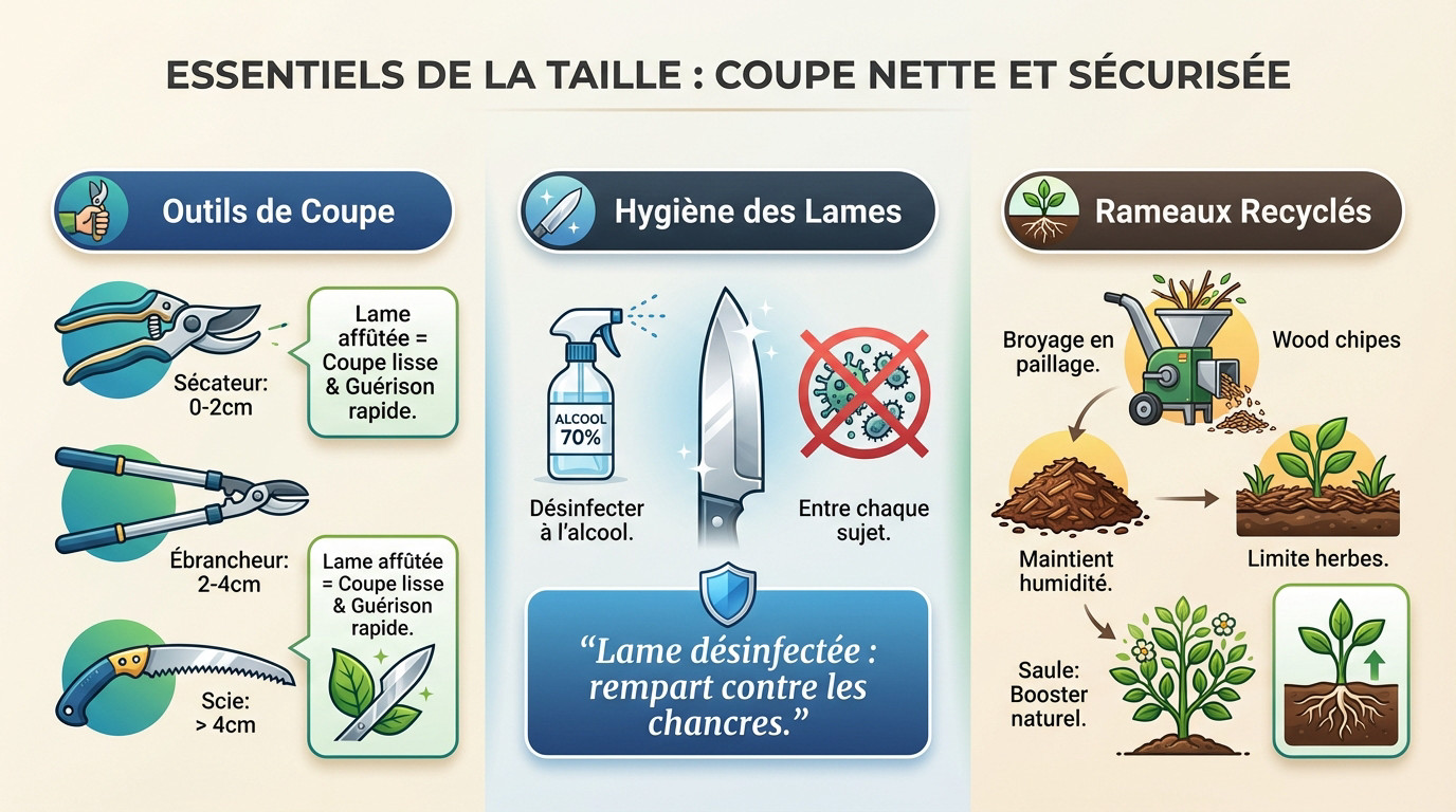 Matériel de taille indispensable : sécateur, ébrancheur et scie pour le saule pleureur