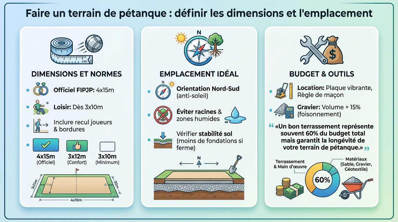 Schéma des dimensions et de l'emplacement idéal pour construire un terrain de pétanque dans son jardin