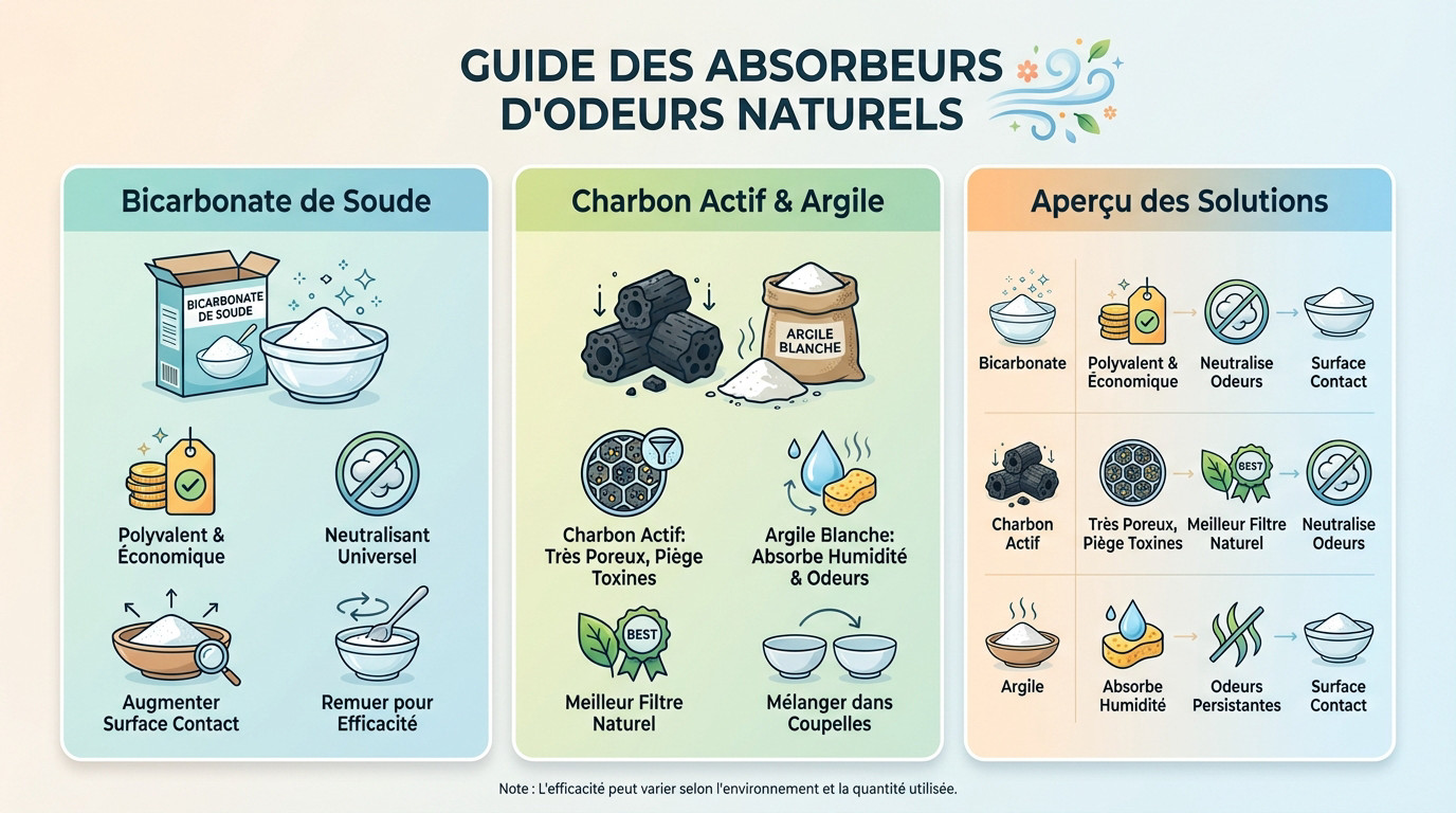 Guide visuel des absorbeurs d'odeurs naturels comme le charbon et l'argile
