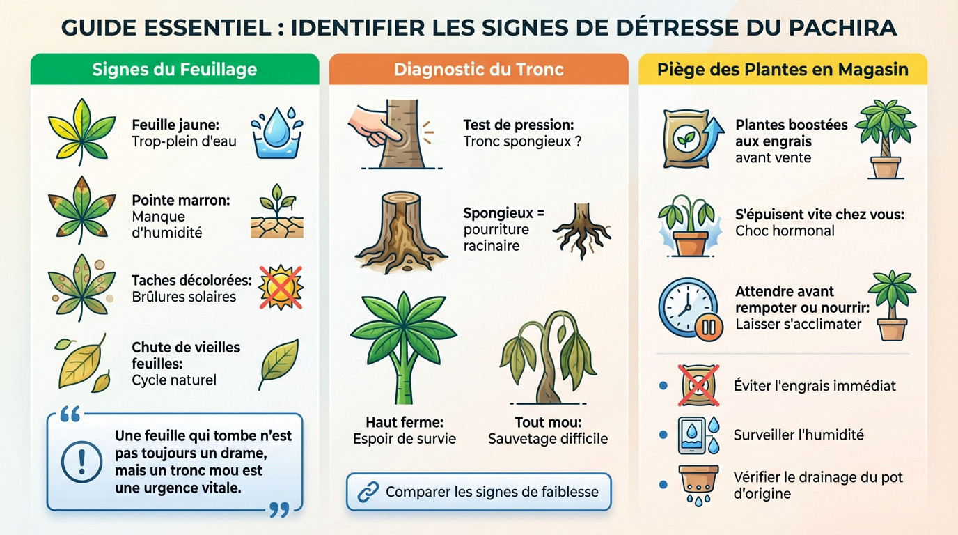 Pachira aquatica avec feuilles jaunes et tronc mou, signes de détresse nécessitant un diagnostic urgent