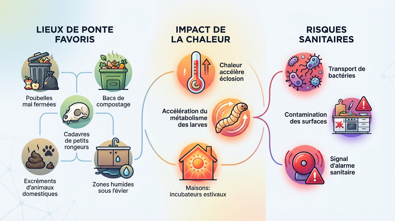 Infographie sur l'impact de la chaleur sur l'infestation des larves de mouches et les risques sanitaires associés