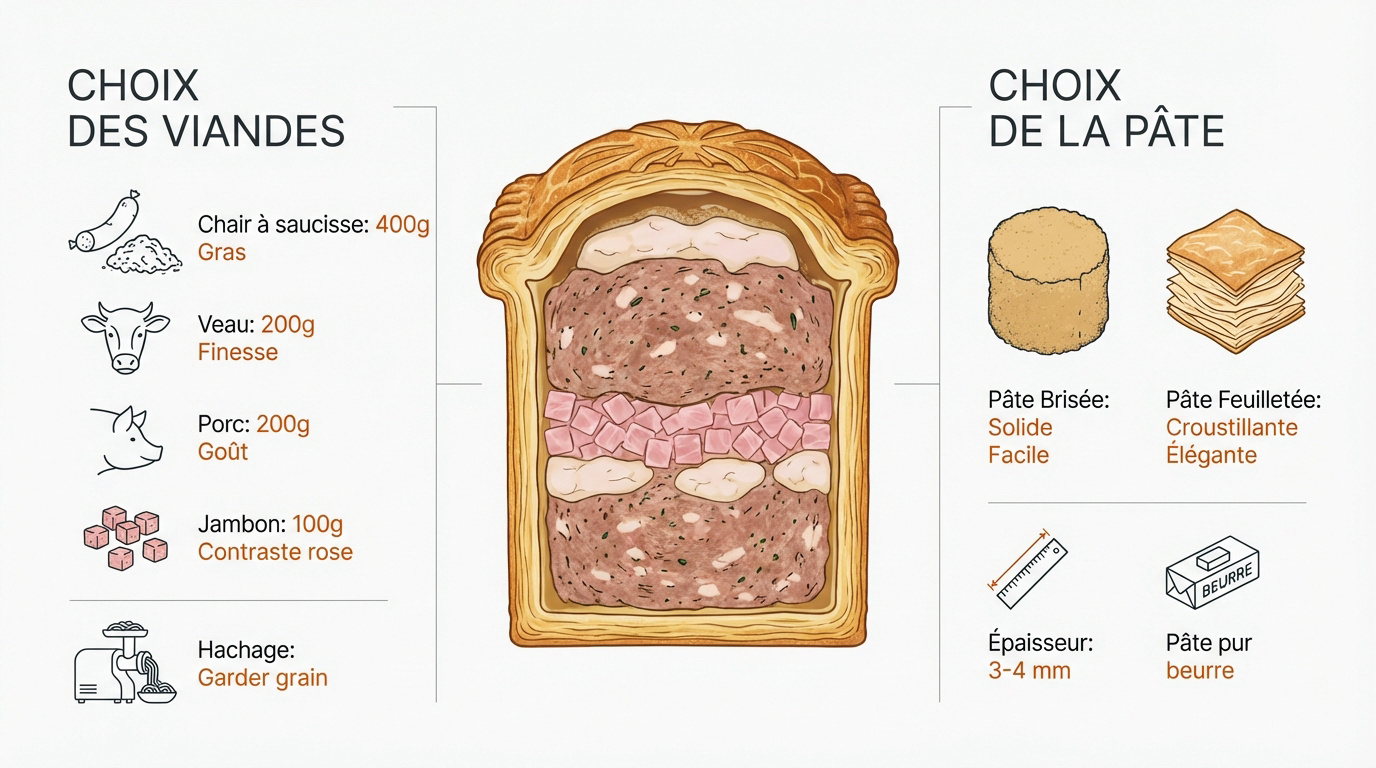 Infographie viandes et pâtes pour pâté en croûte