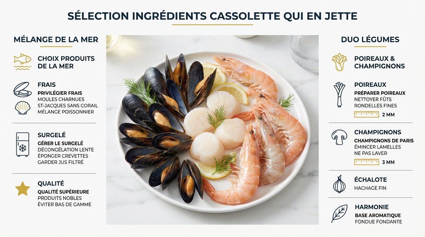 Ingrédients frais pour cassolette de fruits de mer avec poireaux et champignons