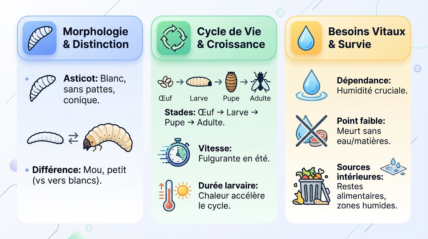 Schéma détaillé de la morphologie d'un asticot et son cycle de vie