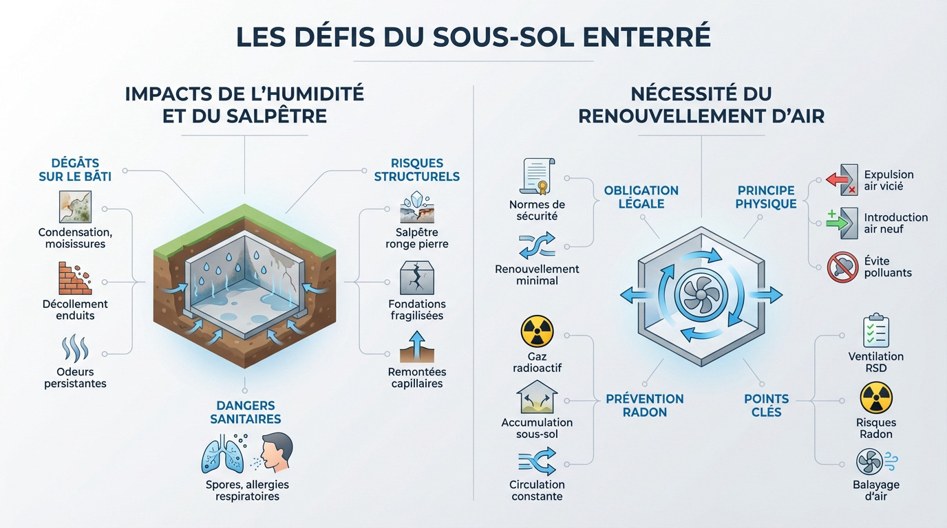 Mur de cave humide avec traces de salpêtre et moisissures