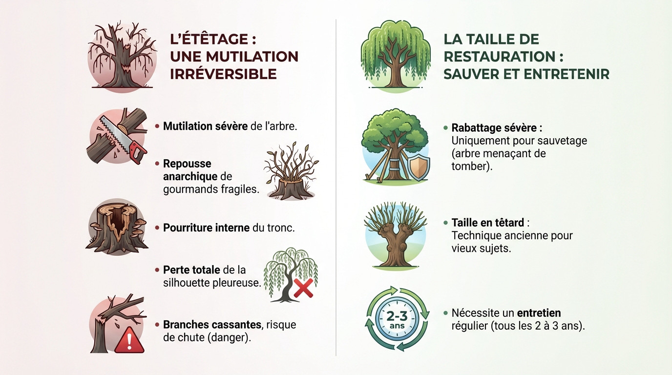 Saule pleureur après une taille de restauration ou un étêtage