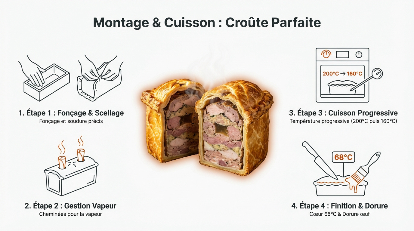 Pâté en croûte doré sortant du four dans son moule rectangulaire