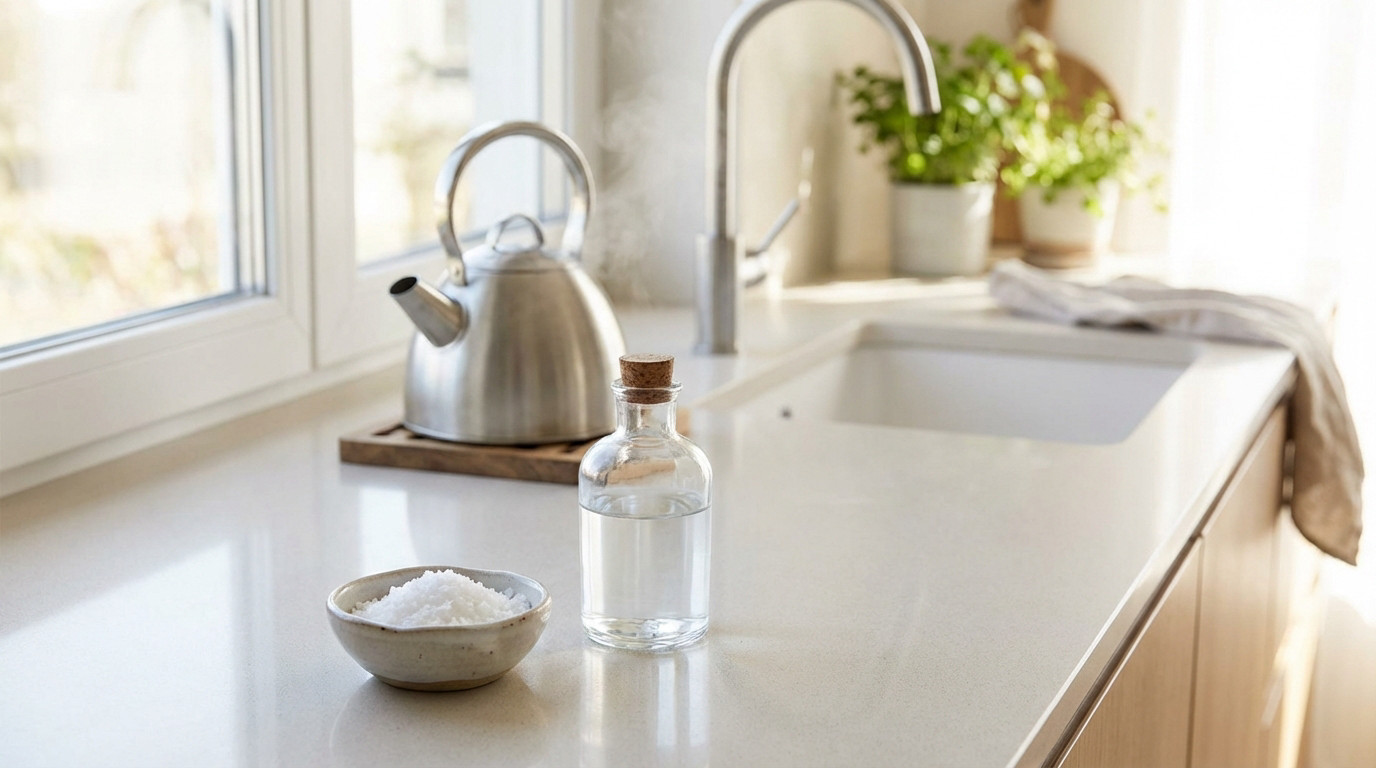 Natural cleaning agents, salt and vinegar, on a modern kitchen counter with a steaming kettle and sink, bathed in natural light.