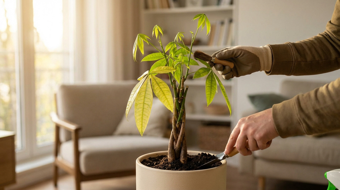 Close-up of hands tending a Pachira aquatica. Older yellowed leaves mix with bright new growth. Soft light illuminates the plant in a modern home.