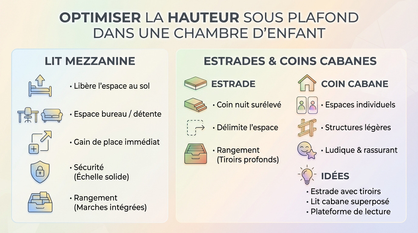 Aménagement d'une chambre d'enfant avec un lit mezzanine en bois pour optimiser l'espace au sol