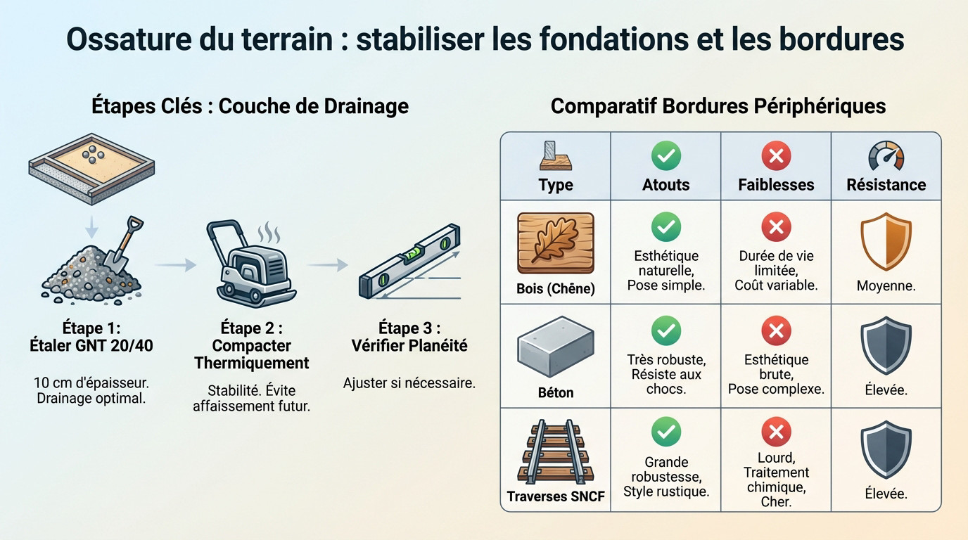 Préparation de l'ossature d'un terrain de pétanque avec compactage du gravier et pose de bordures en bois
