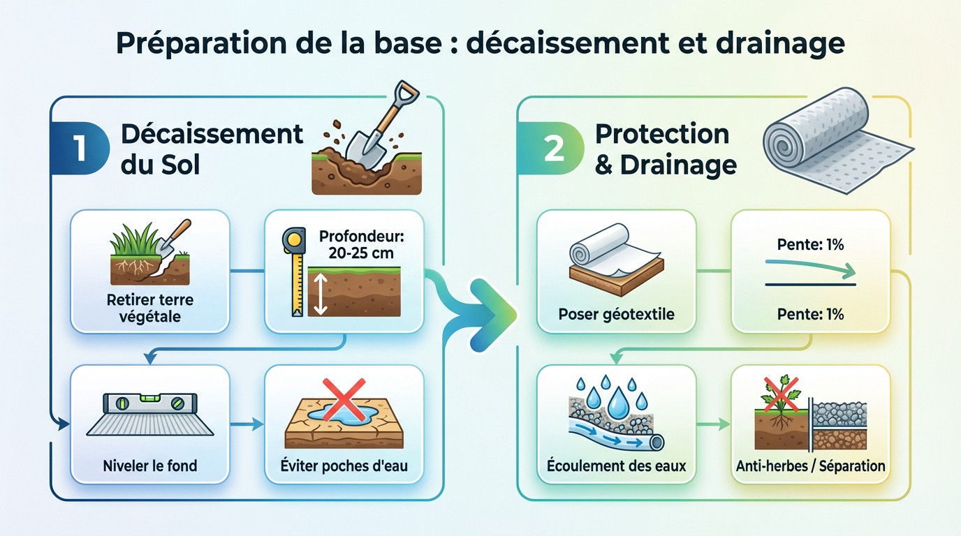 Préparation du sol et décaissement pour un terrain de pétanque dans le jardin