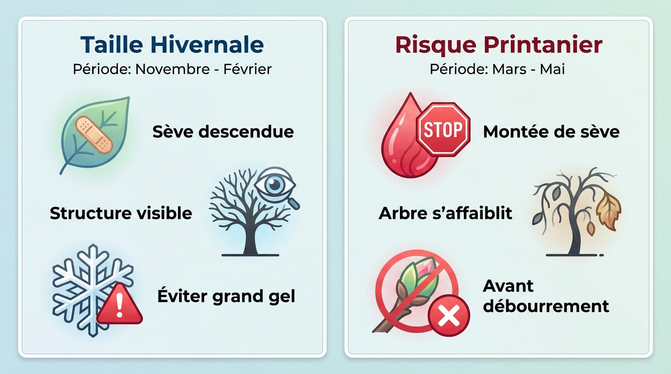 Schéma comparatif montrant l'impact de la taille en hiver versus au printemps sur la circulation de la sève