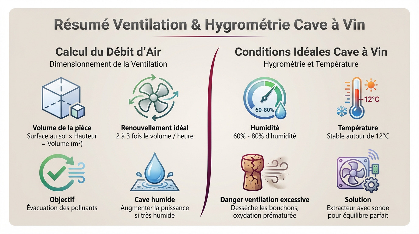 Schéma technique expliquant le renouvellement d'air et l'hygrométrie pour une cave à vin