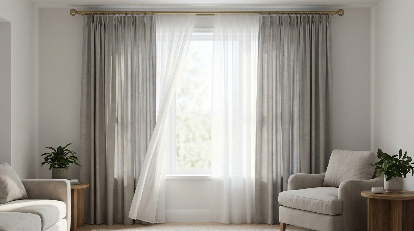 Fenêtre avec une tringle dorée supportant des voilages blancs et des rideaux gris clairs, dans un salon moderne et lumineux.