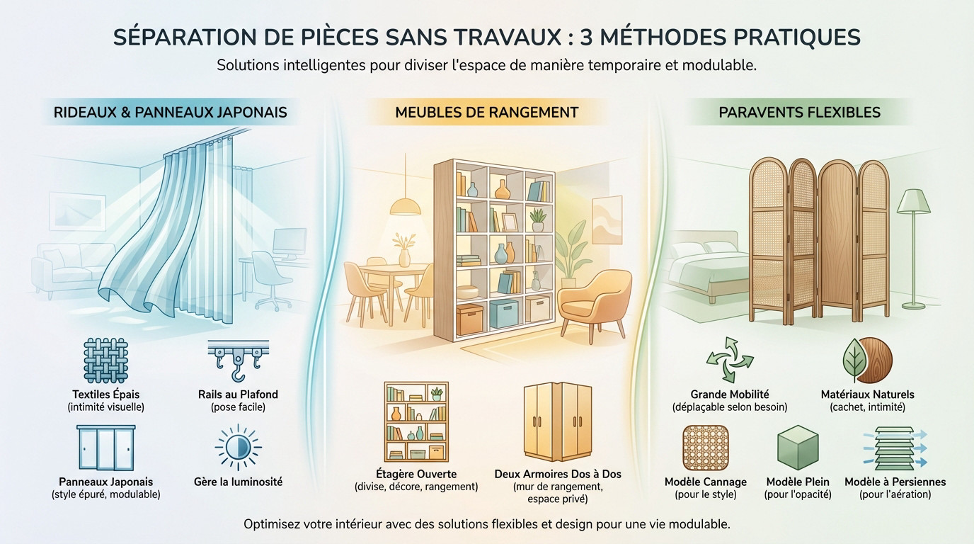 Séparer une chambre en deux sans travaux avec des rideaux et des étagères