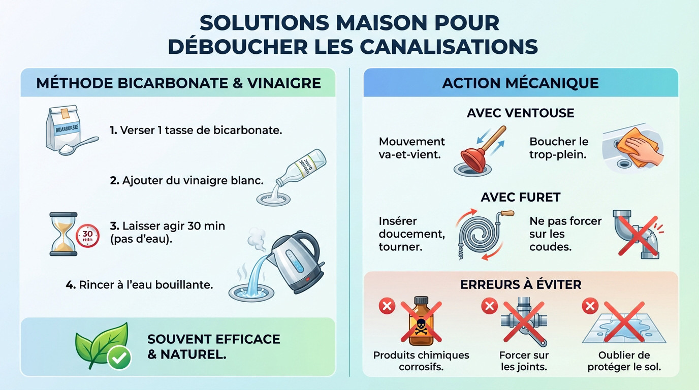 Solutions maison naturelles avec bicarbonate et ventouse pour déboucher les canalisations