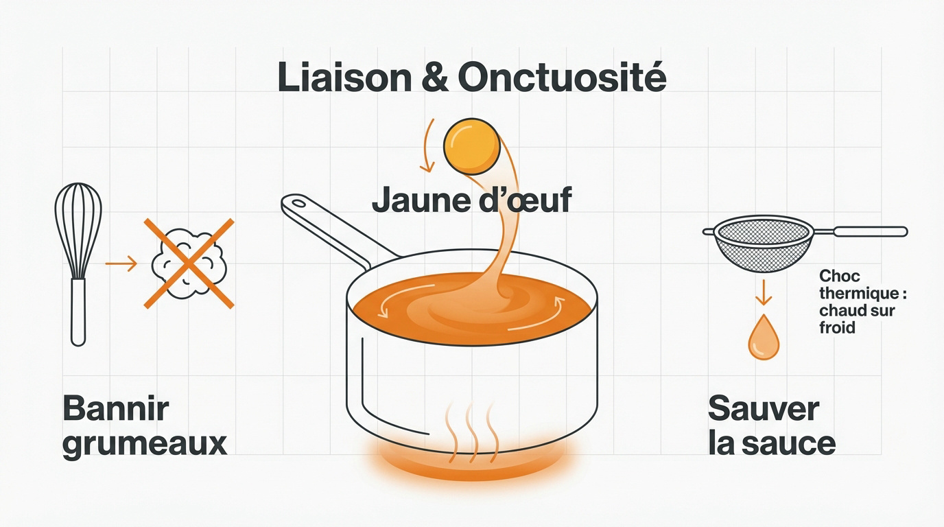 Infographie sur les techniques de liaison et l'onctuosité des sauces en cuisine