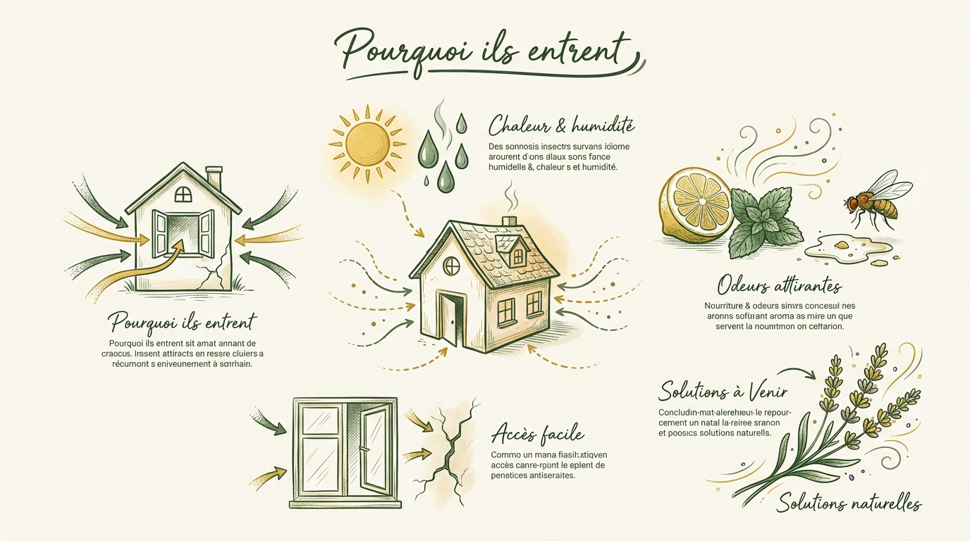 Infographie expliquant les causes de l'intrusion des insectes dans les habitations comme la nourriture et l'humidité