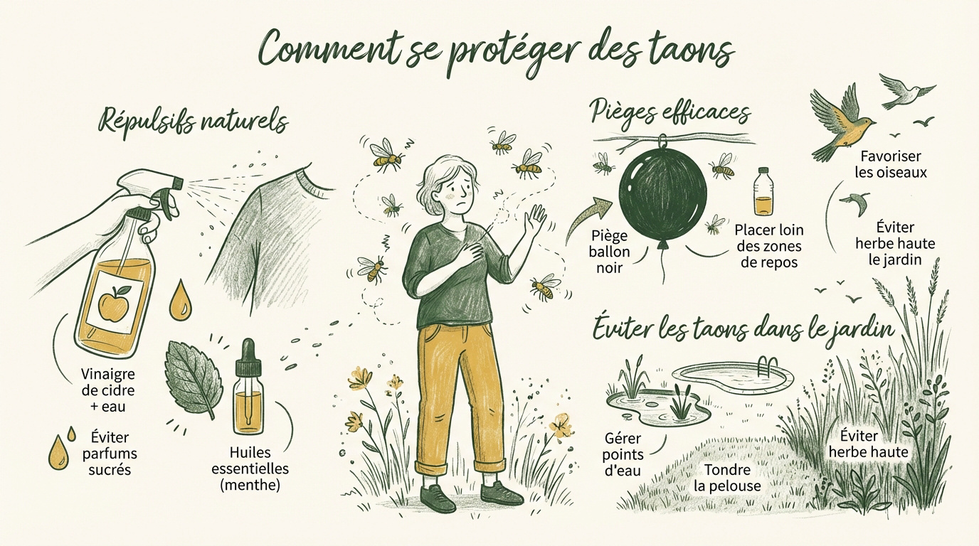 Infographie présentant les méthodes naturelles pour éloigner les taons du jardin