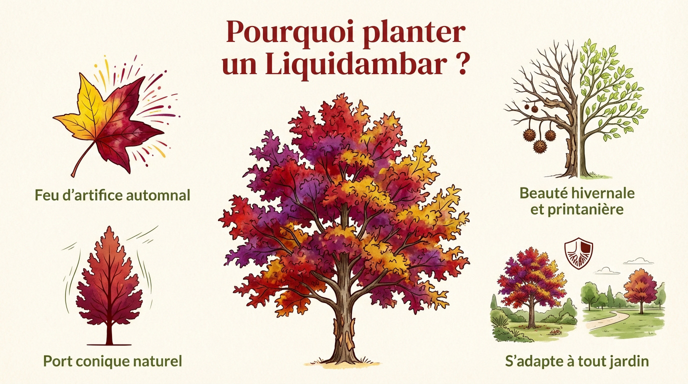 Arbre liquidambar aux couleurs d'automne flamboyantes dans un jardin