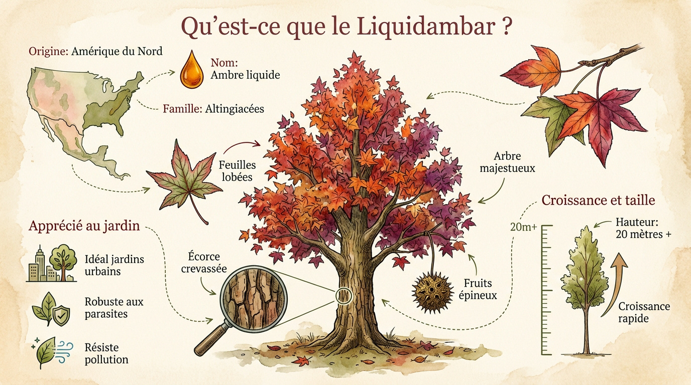 Feuillage coloré et tronc crevassé d'un Liquidambar styraciflua au jardin
