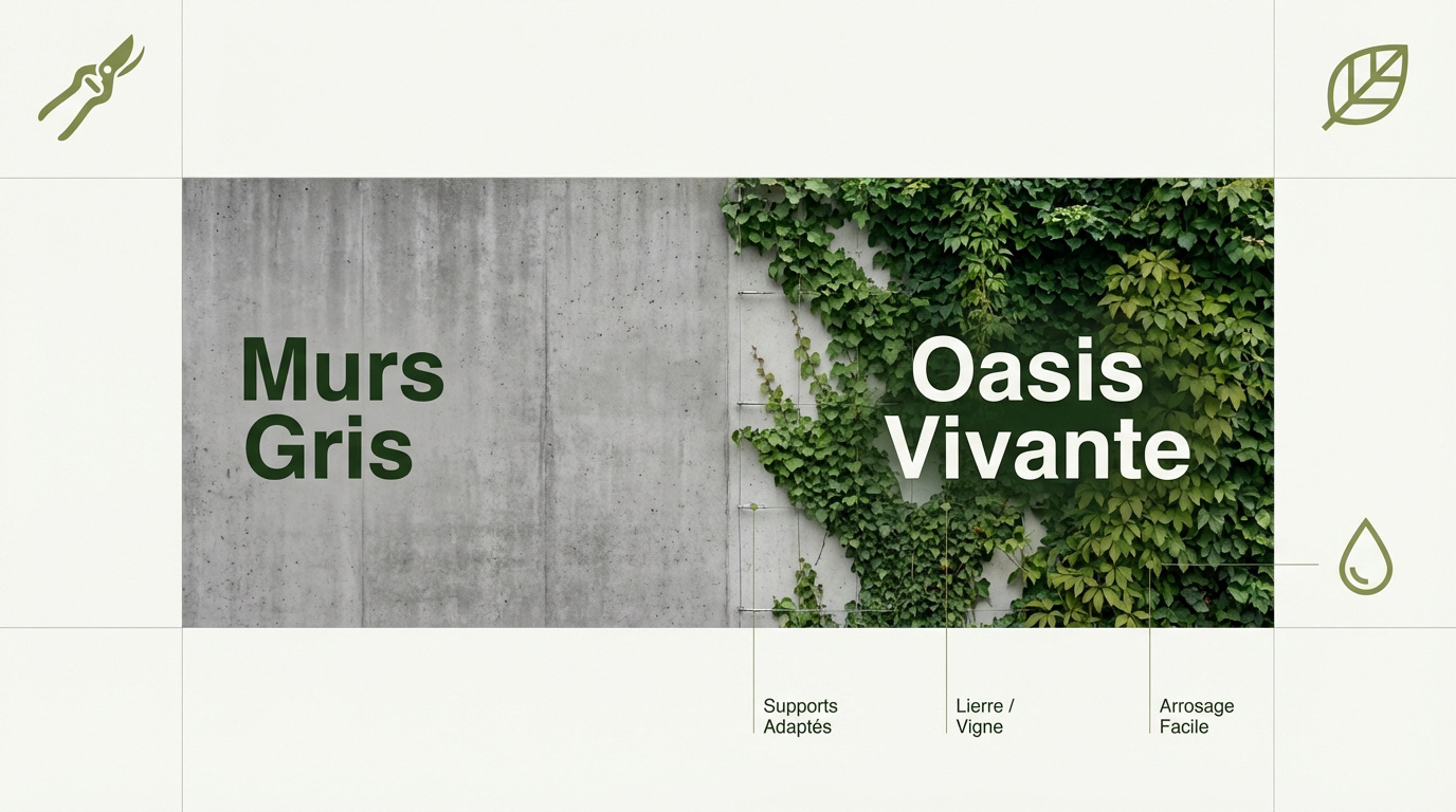 Mur de jardin en béton recouvert de plantes grimpantes et de lierre