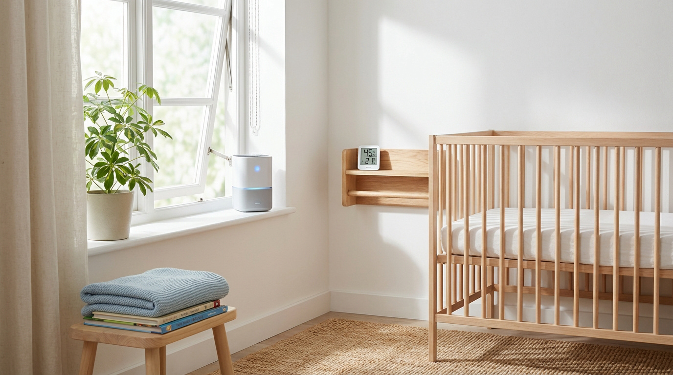 Une chambre de bébé lumineuse avec fenêtre ouverte, humidificateur, hygromètre (45% d'humidité), et lit à barreaux en bois clair.