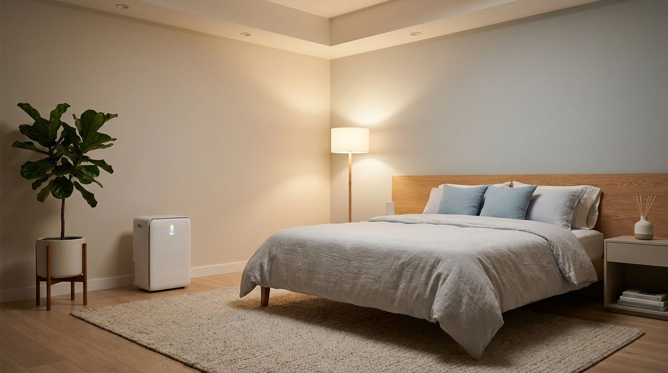 Chambre moderne avec déshumidificateur blanc, lit douillet, plante verte et lampe. Idéal contre l'humidité.