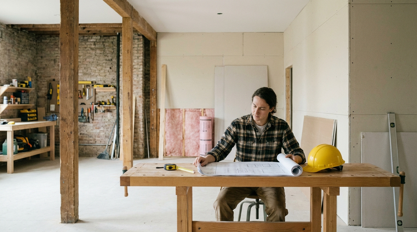 Jeune homme étudie des plans sur un établi de bois. Ambiance chantier, outils et matériaux de rénovation en arrière-plan.