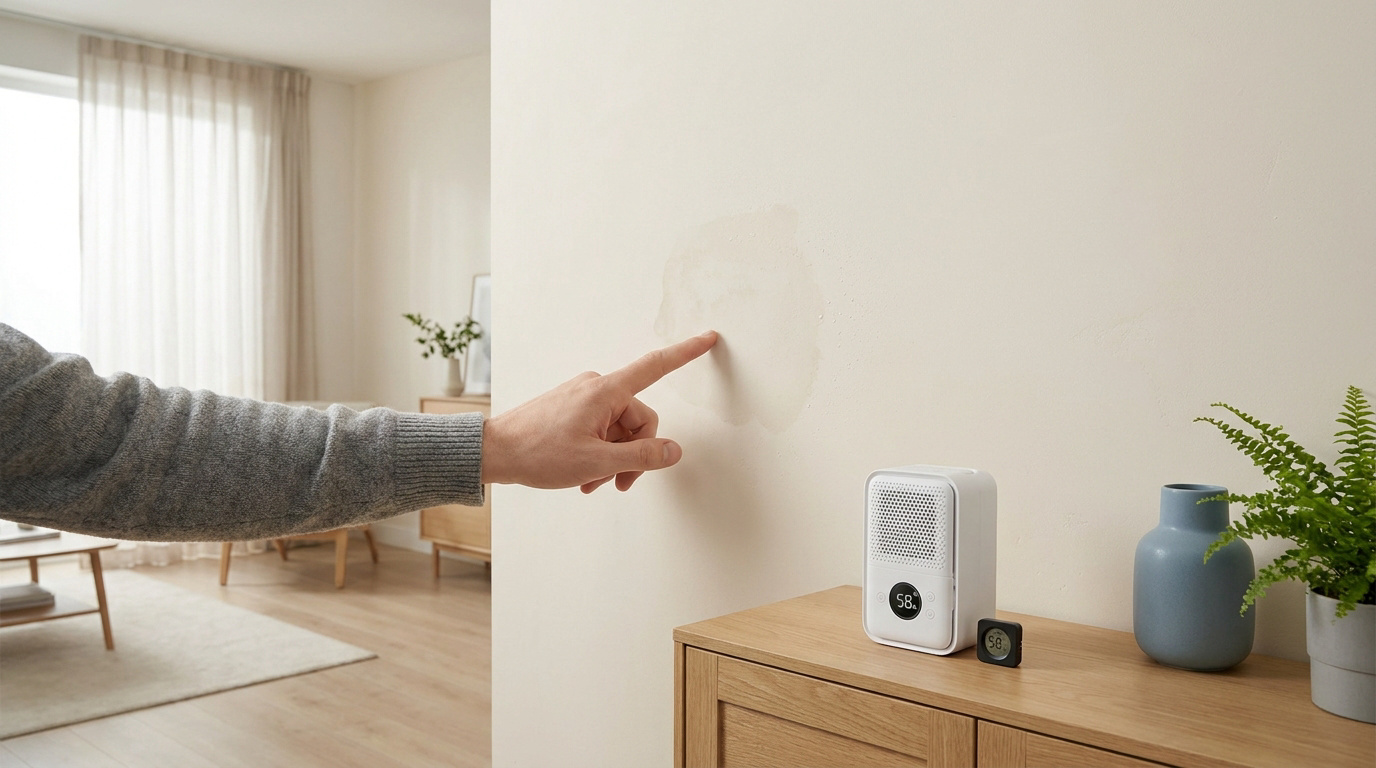 Une main pointe une tache d'humidité sur un mur blanc. Un déshumidificateur et un hygromètre sont posés sur un meuble en dessous.