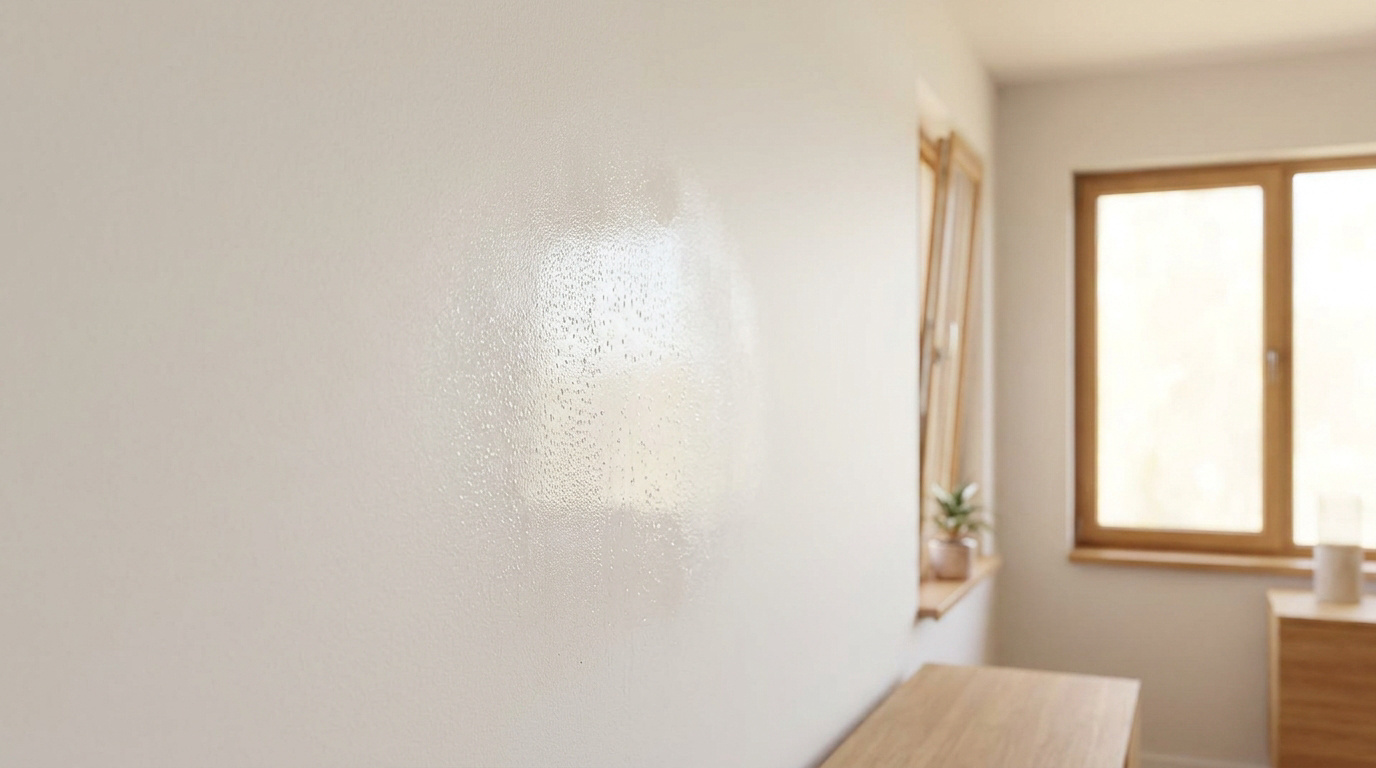 Un mur blanc couvert de gouttelettes de condensation, avec une fenêtre en bois et des meubles flous en arrière-plan.