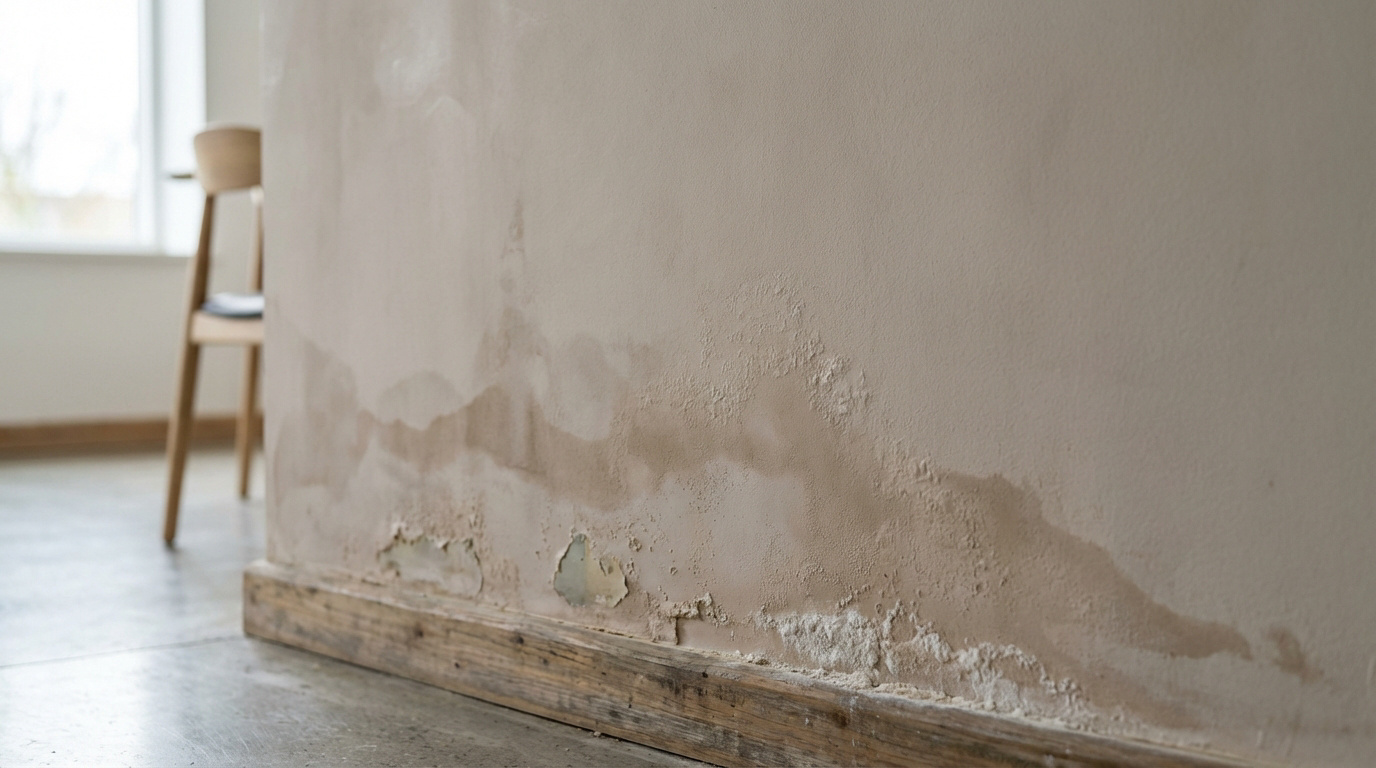 Un mur intérieur beige endommagé par l'humidité, montrant des taches sombres, de la peinture écaillée et des dépôts blancs de salpêtre près du sol.