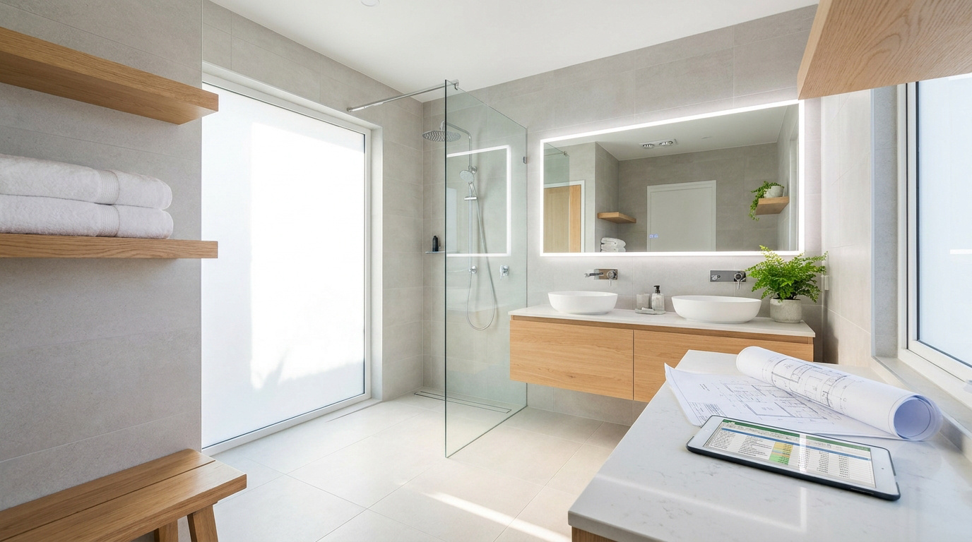 Salle de bain design avec douche, double vasque, meubles en bois. Plans architecturaux et tablette affichant un budget.