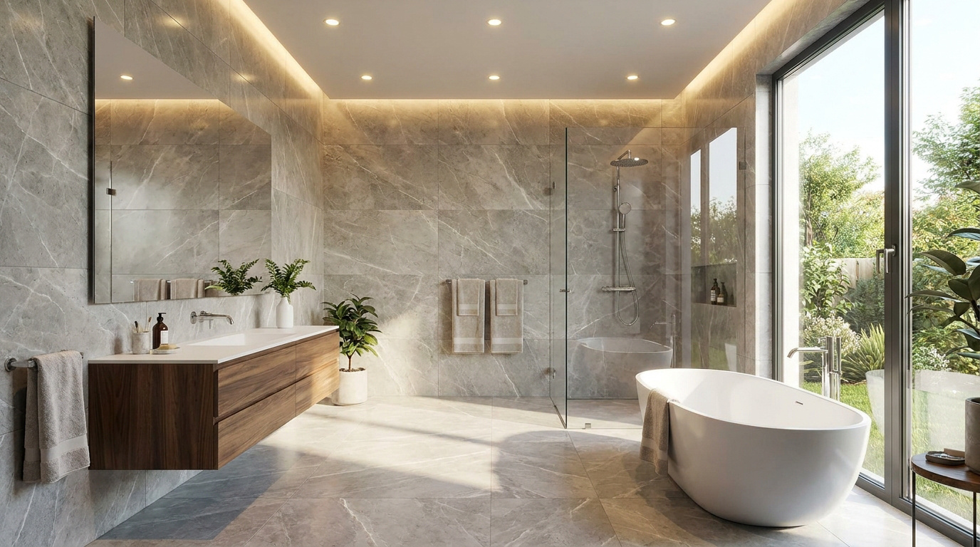 Salle de bain moderne et spacieuse avec carrelage gris marbré, baignoire îlot, douche à l'italienne et fenêtre vue jardin.