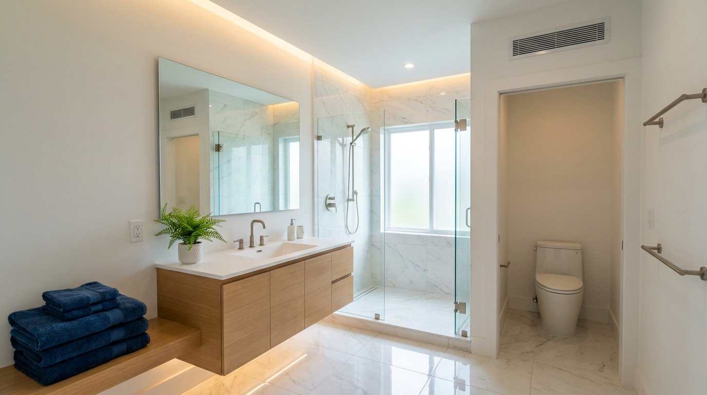 Salle de bain moderne et épurée. Carrelage marbré clair, meuble vasque flottant en bois, douche vitrée à l'italienne et WC séparés.