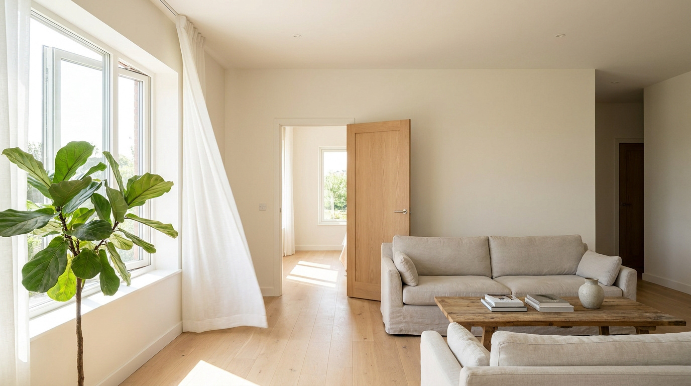 Salon moderne lumineux avec fenêtre ouverte, rideaux blancs flottant au vent, grande plante verte et canapé beige.