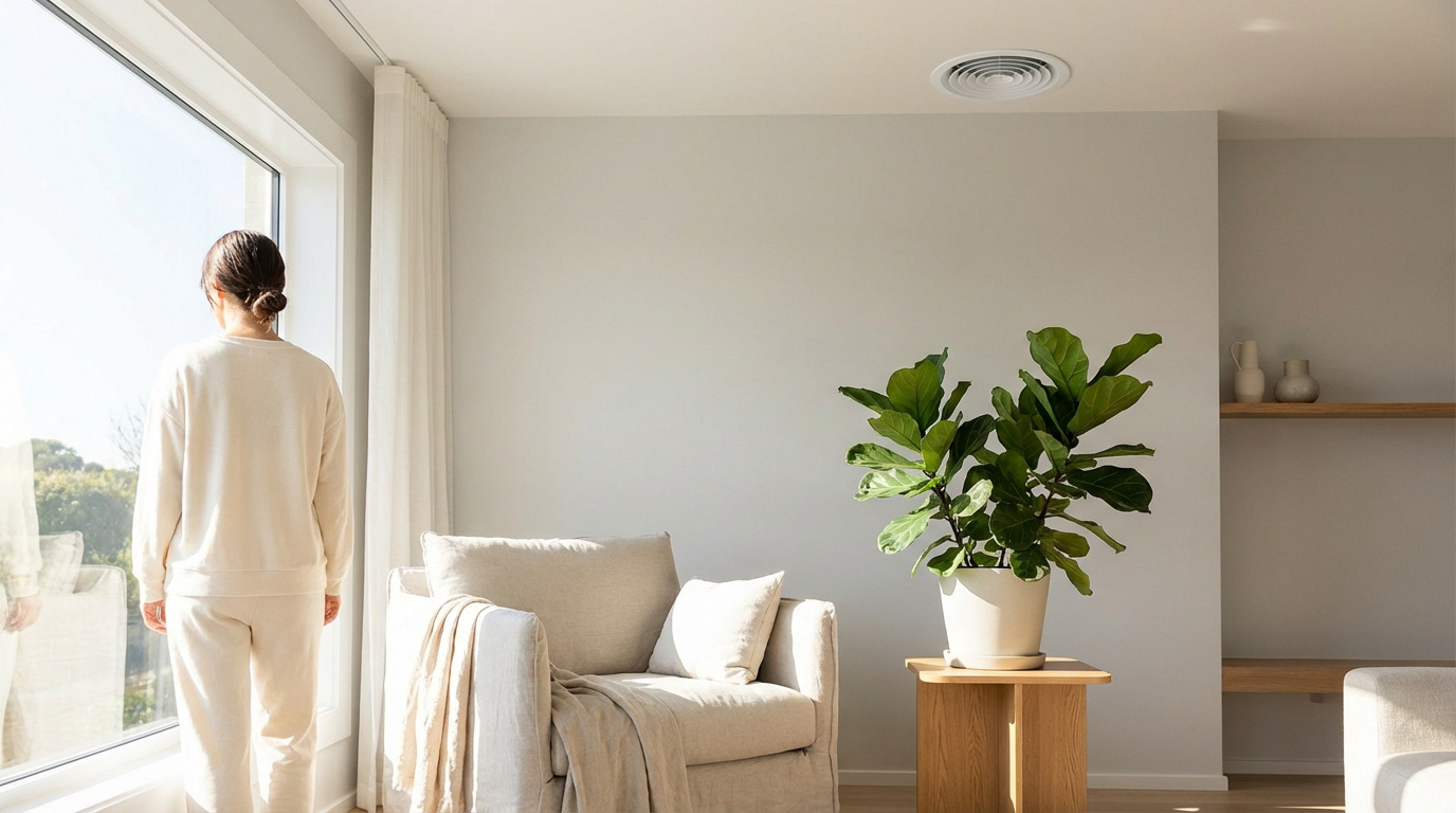 Femme face à une grande fenêtre lumineuse dans un intérieur moderne. On voit une bouche de ventilation au plafond, un fauteuil et une plante.
