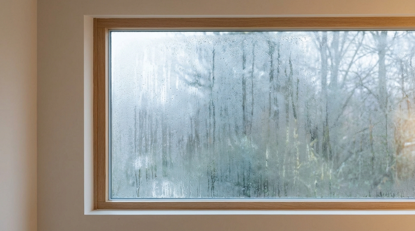 Fenêtre intérieure en bois avec une forte condensation sur la vitre, masquant la vue extérieure d'arbres dénudés et hivernaux.