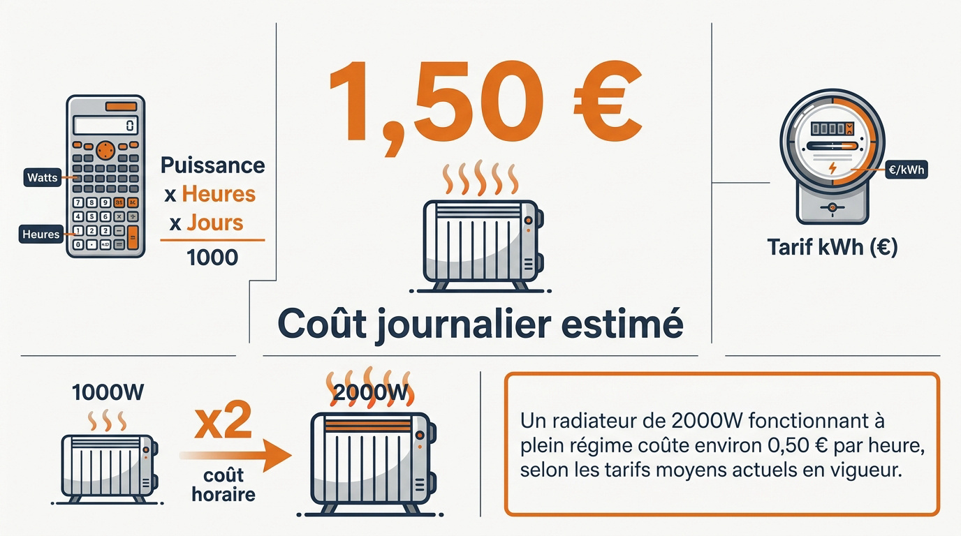 Calcul de la consommation d'un radiateur électrique selon sa puissance