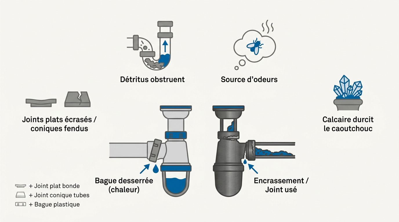 Schéma des composants sous évier montrant le siphon et les joints