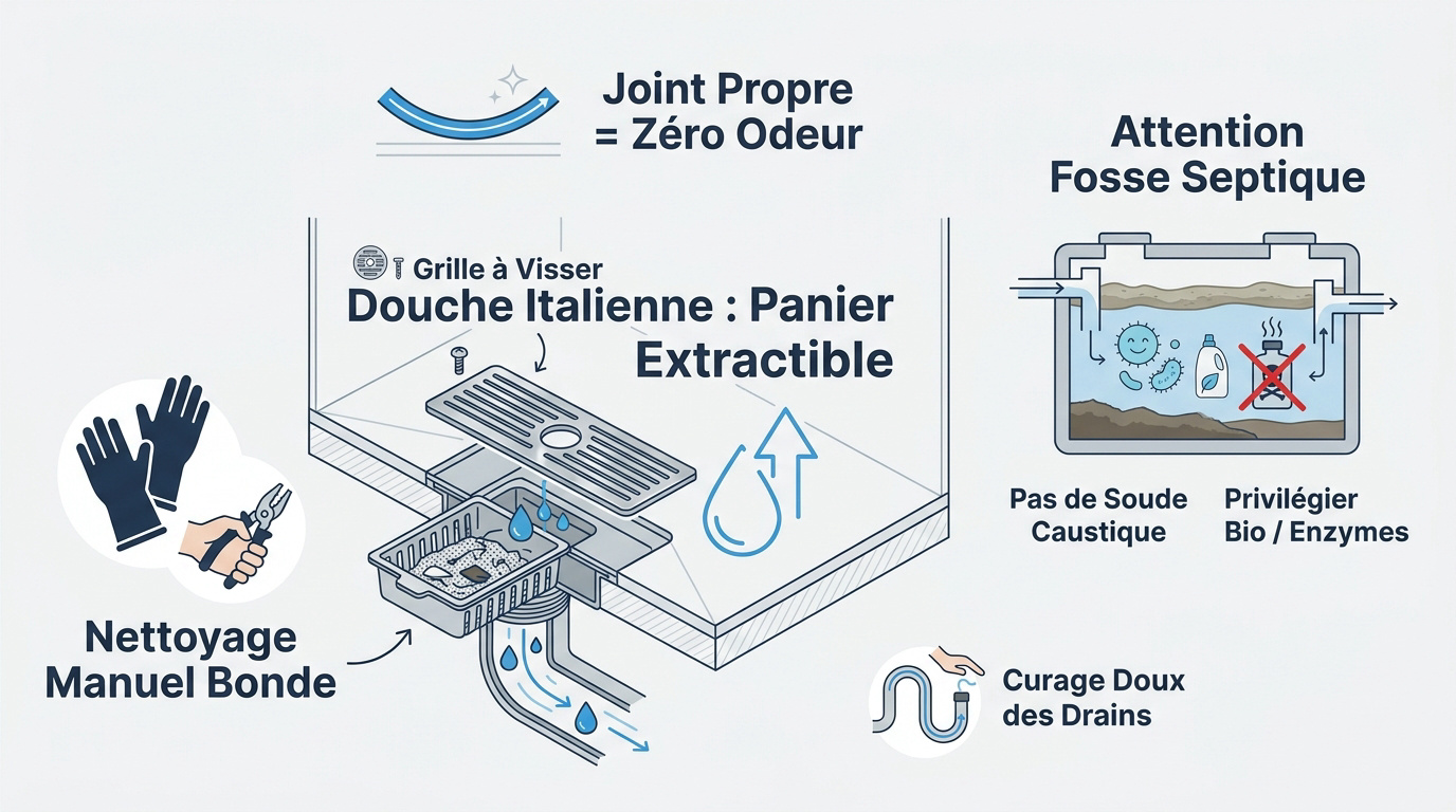 Entretien d'une bonde de douche à l'italienne pour éviter les bouchons